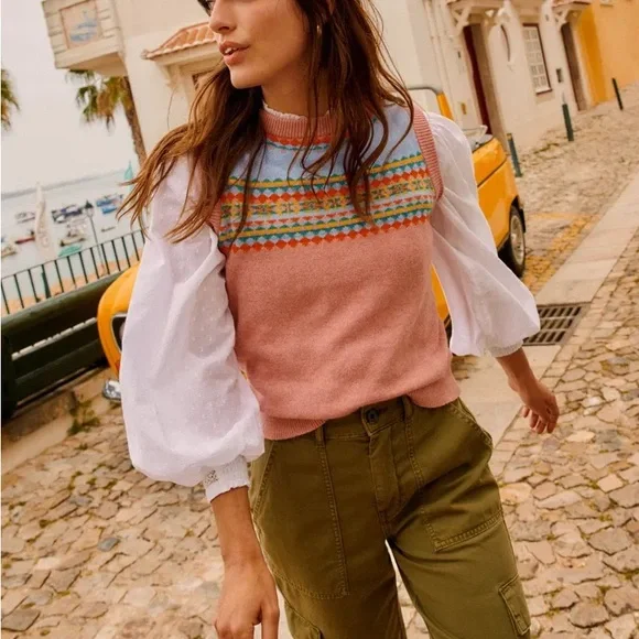 Boden Pink Fair Isle Sweater Tank with Blue Yoke - Picture 2 of 11